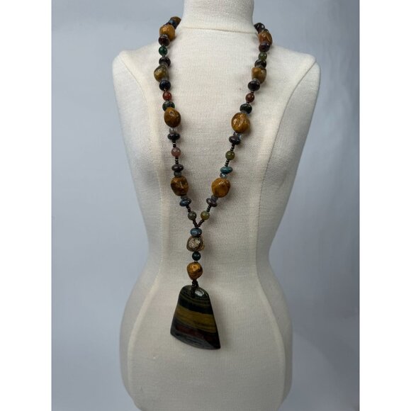 Handcrafted Beaded Necklace With Tigers Iron Pendant & Healing Stones 13" Long - Picture 6 of 16